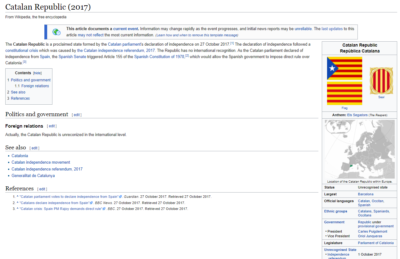 Wikipedia incorpora a Catalunya en la lista de países independientes